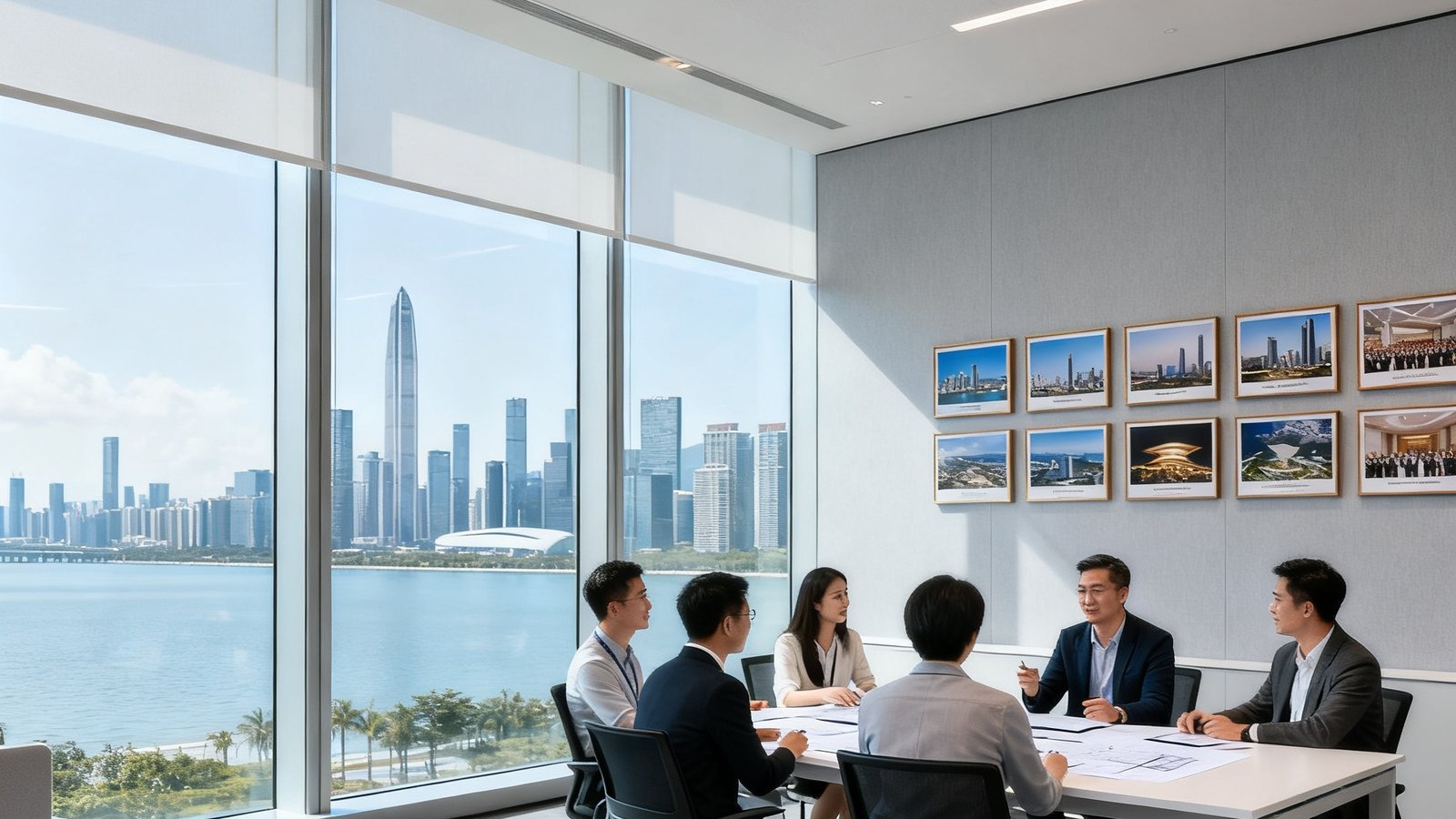 美高梅集团深圳总部办公室内景，落地玻璃窗外可见深圳湾天际线，开放办公区中团队成员正在讨论项目，墙上挂着集团历年重要项目的纪念照片，空间明亮而富有现代感。