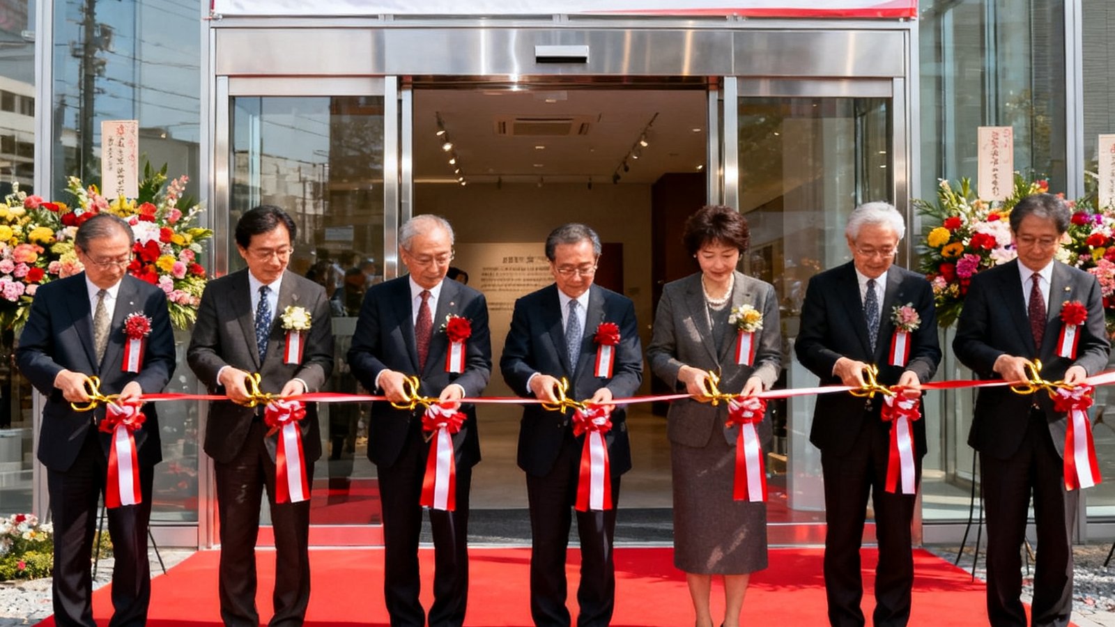 东京新设立的海外艺术品仓储展览中心开幕剪彩仪式现场，多位嘉宾手持金色剪刀，背景是崭新的展览空间入口，气氛喜庆。