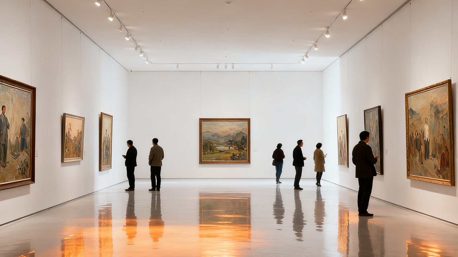 宽敞明亮的当代艺术展厅，白色墙壁上悬挂着多幅中国当代油画作品，柔和射灯照亮画面，几位观展者驻足欣赏，展厅地面反射着温暖的光线，整体氛围宁静而高雅。