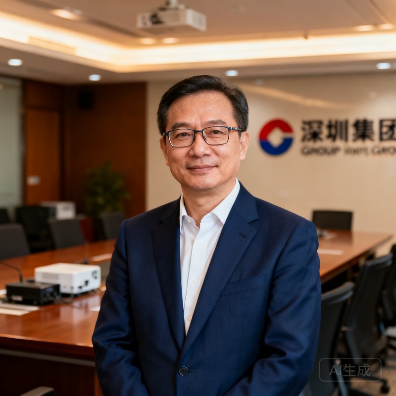 美高梅集团创始人兼CEO陈立伟的商务肖像照，他约45岁，戴眼镜，穿着深蓝色西装，背景是集团深圳总部的会议室，表情自信而沉稳。