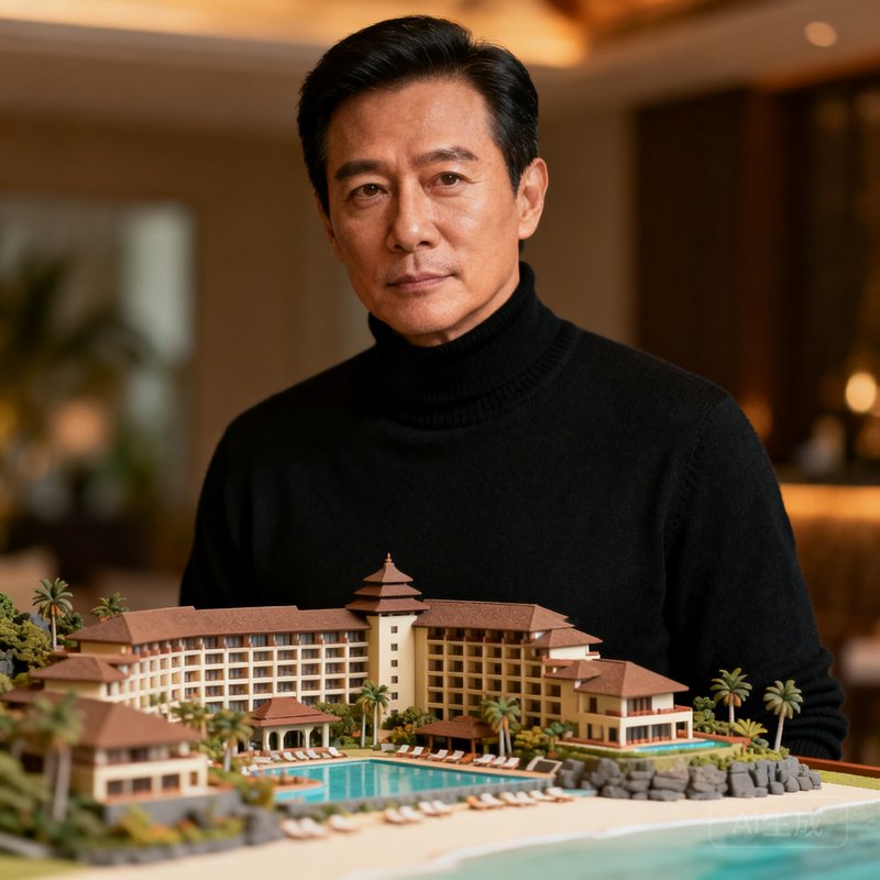 美高梅集团CTO张浩然的建筑风格肖像，男性约42岁，穿黑色高领毛衣，站在巴厘岛度假村的模型前，眼神专注，气质沉稳。