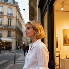 一位法国女性画廊主的侧面肖像，金色短发，穿着白色衬衫，站在巴黎画廊的门口，身后可见街道和法式建筑。